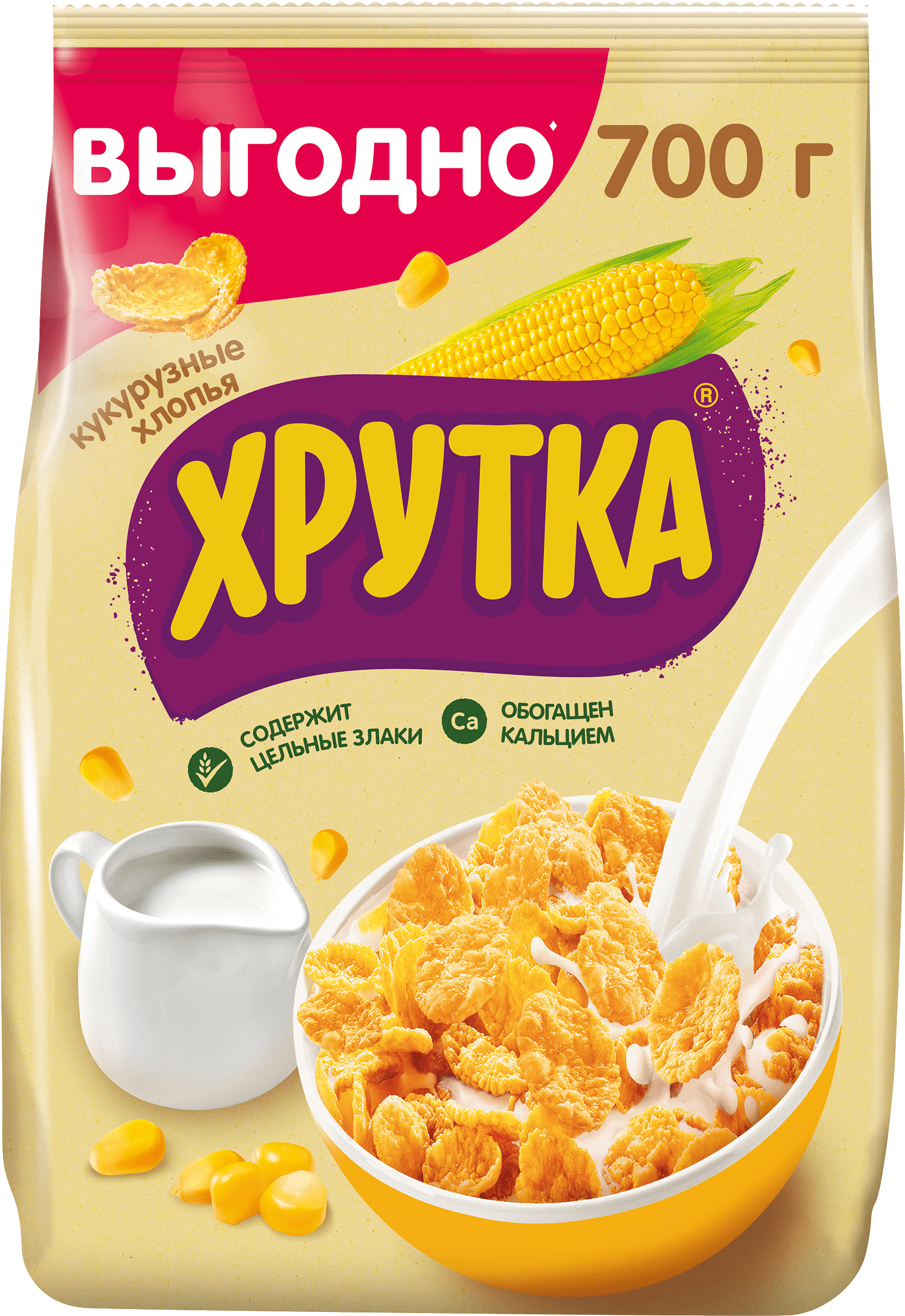 ХРУТКА® Хлопья кукурузные хрустящие, обогащённые кальцием, пакет, 700 г |  Хрутка