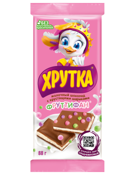 ХРУТКА®ФРУТТИФАН®. Молочный шоколад с молочной начинкой со вкусами фруктовый микс и банан, с хрустящими шариками, 88 г